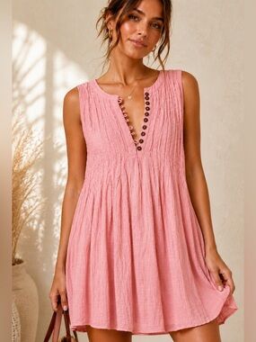 Anthropologie Pink Linen Babydoll Mini Dress XS Petite Balletcore Boho Feminine